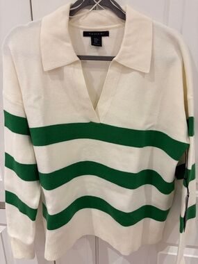 Tahari Cream and Green V-Neck Striped Polo Sweater